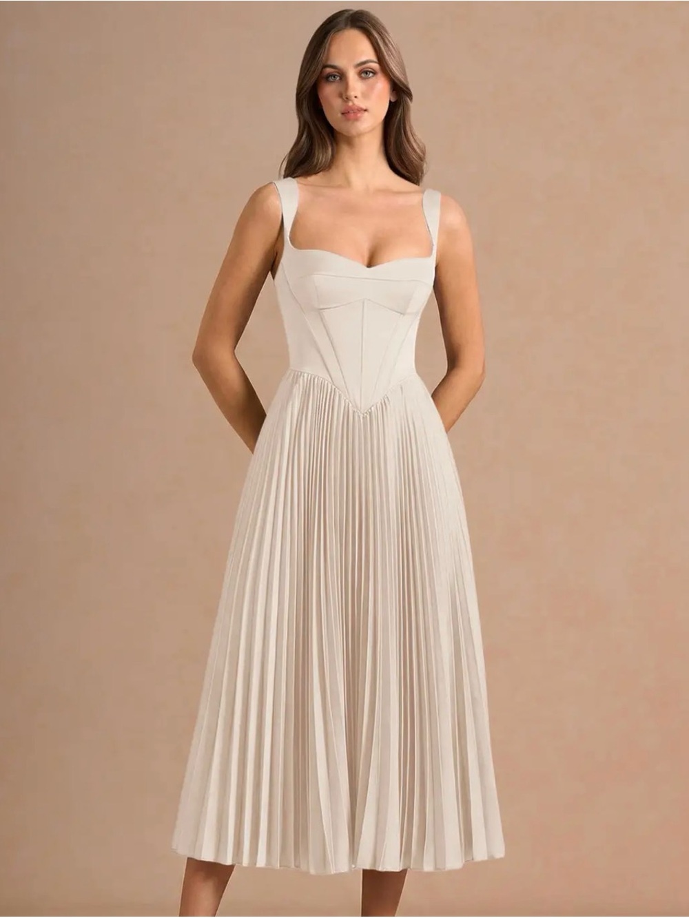 Azazie Cream Pleated Maxi Dress with Corset & Structured Bodice - Picture 3 of 6